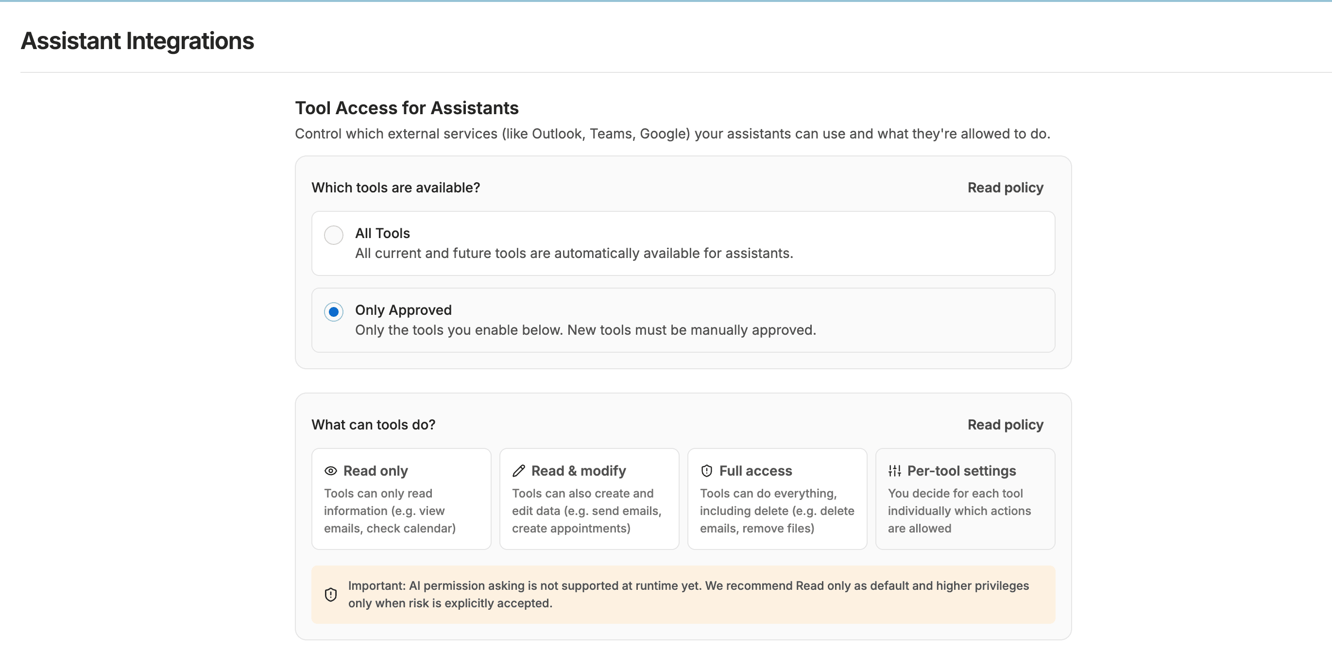 Assistant Integrations: Top Modes (Tool-Verfügbarkeit und globale Methoden-Policy)
