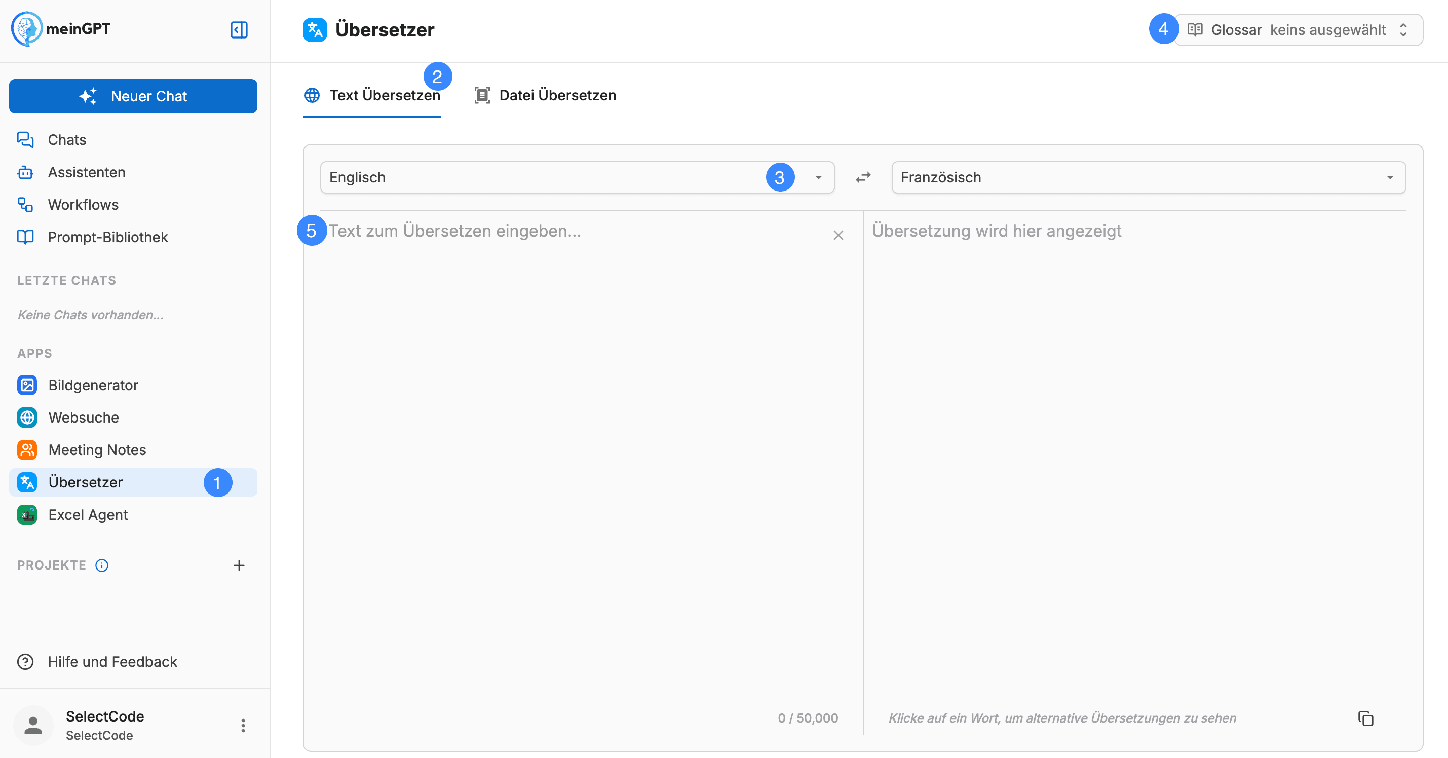 Screenshot der Auswahloption für das Übersetzungsfeature auf der meinGPT-Plattform