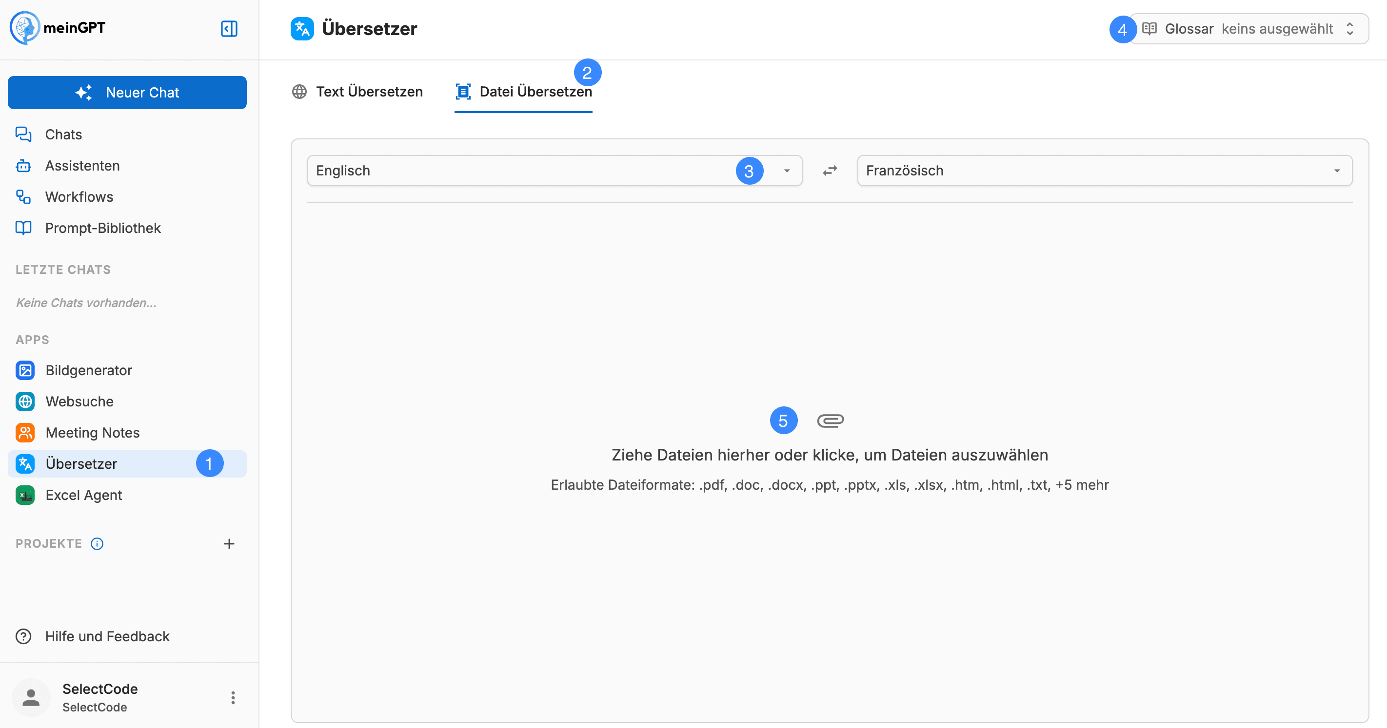 Screenshot der Auswahloption für das Übersetzungsfeature auf der meinGPT-Plattform