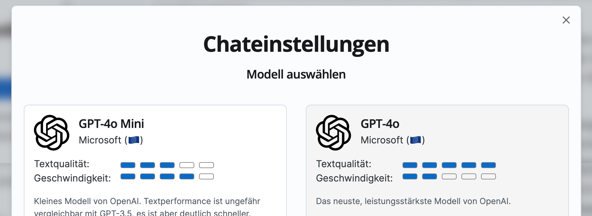 Screenshot der Modellauswahl auf der meinGPT-Plattform, zugänglich über das Zahnrad-Symbol, mit Informationen zu den verschiedenen KI-Modellen.