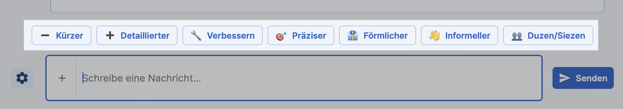 Screenshot der Antwortanpassungs-Shortcuts wie ‚Kürzer', ‚Detaillierter' und ‚Förmlicher', um die KI-Antwort flexibel zu verändern.